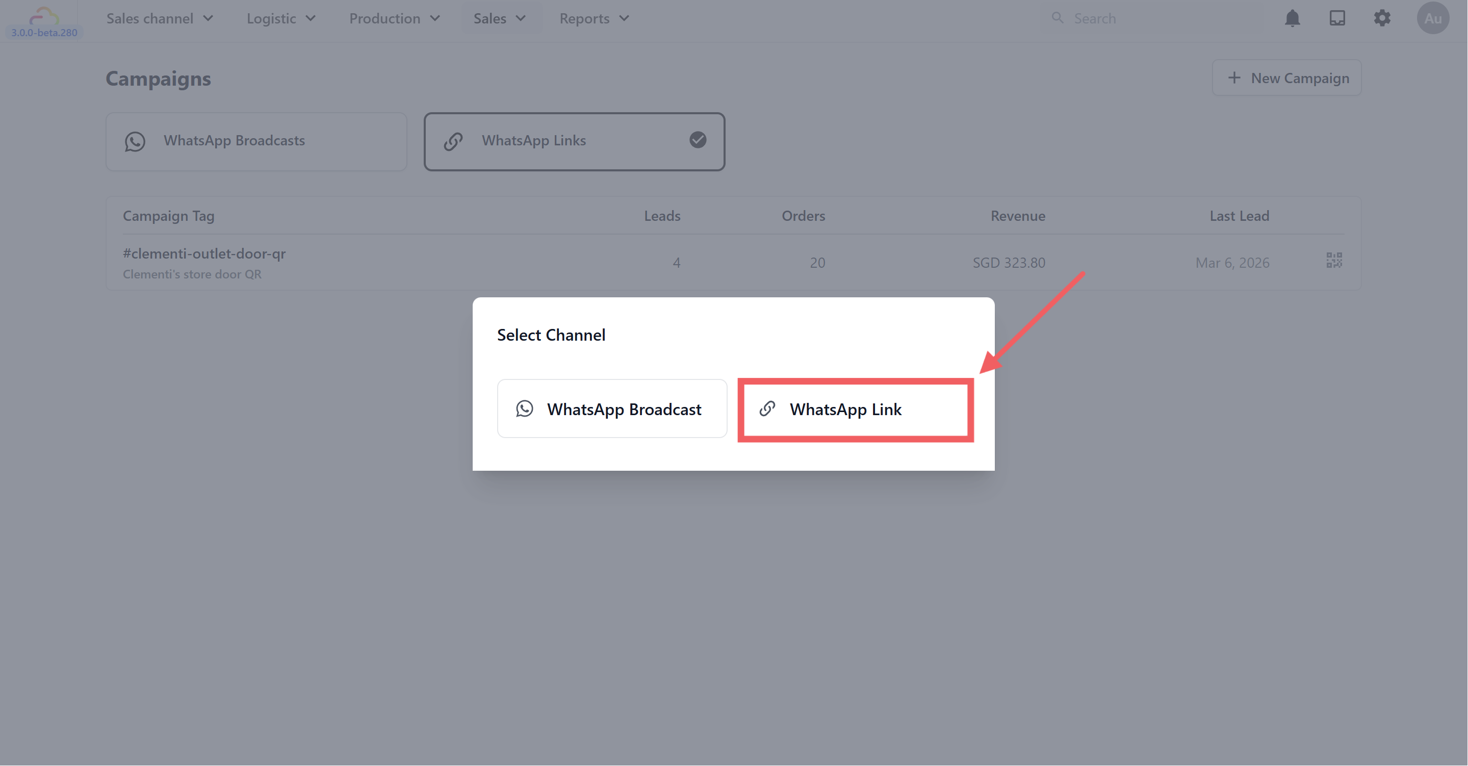 In the Select Channel dialog, choose WhatsApp Link.