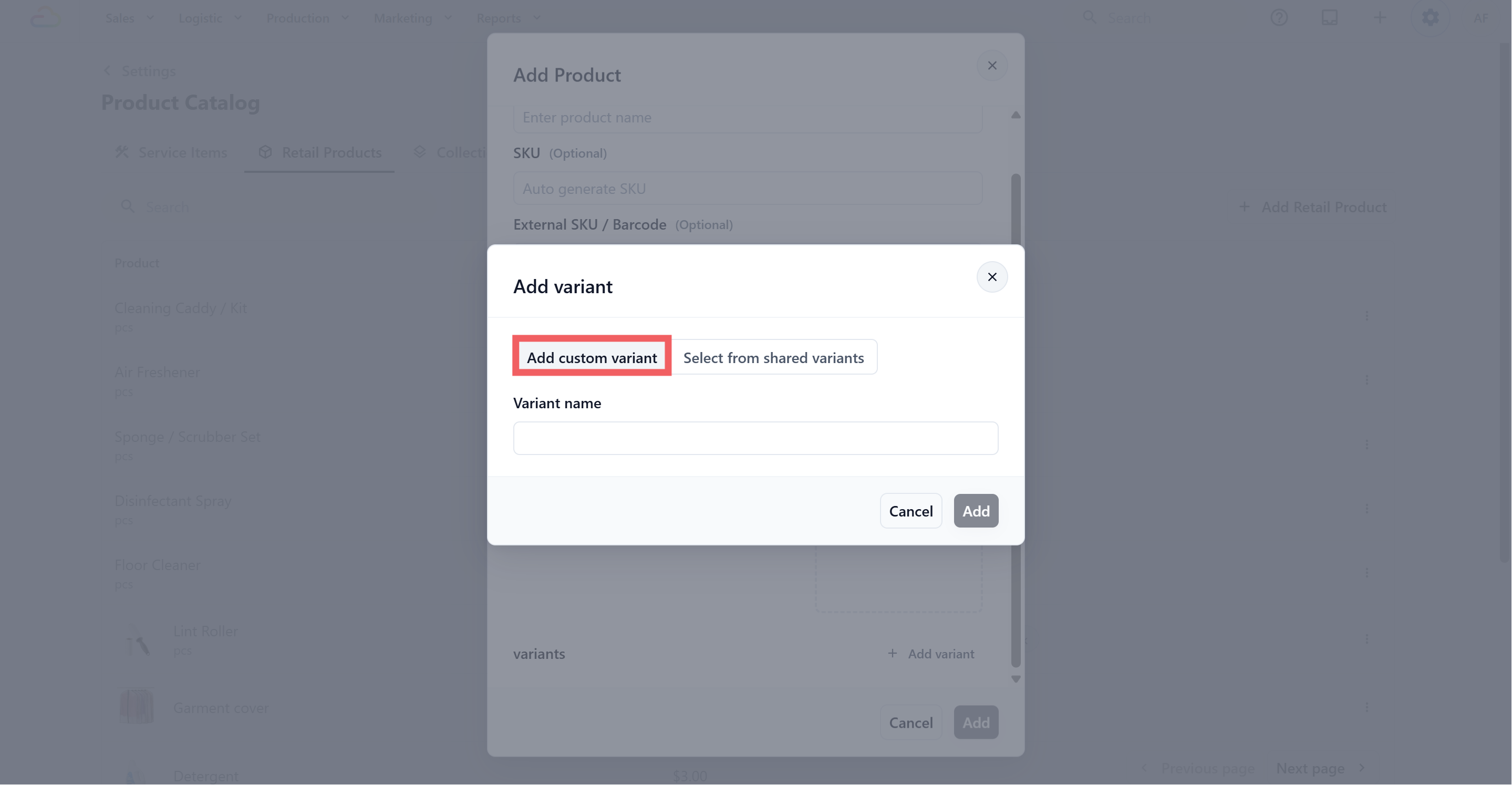 Choose Add Custom Variant.
