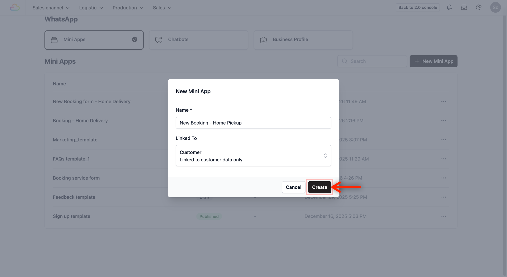 Click Create. You should now see the newly created Mini App for booking.