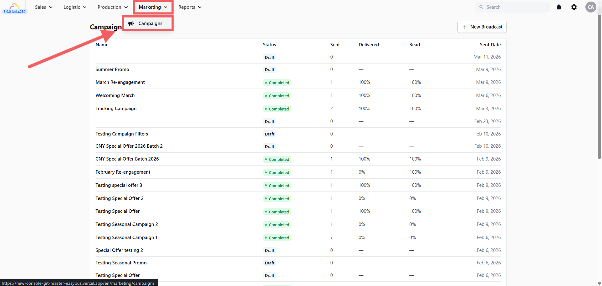 Go to Marketing → Campaigns from the top navigation bar.