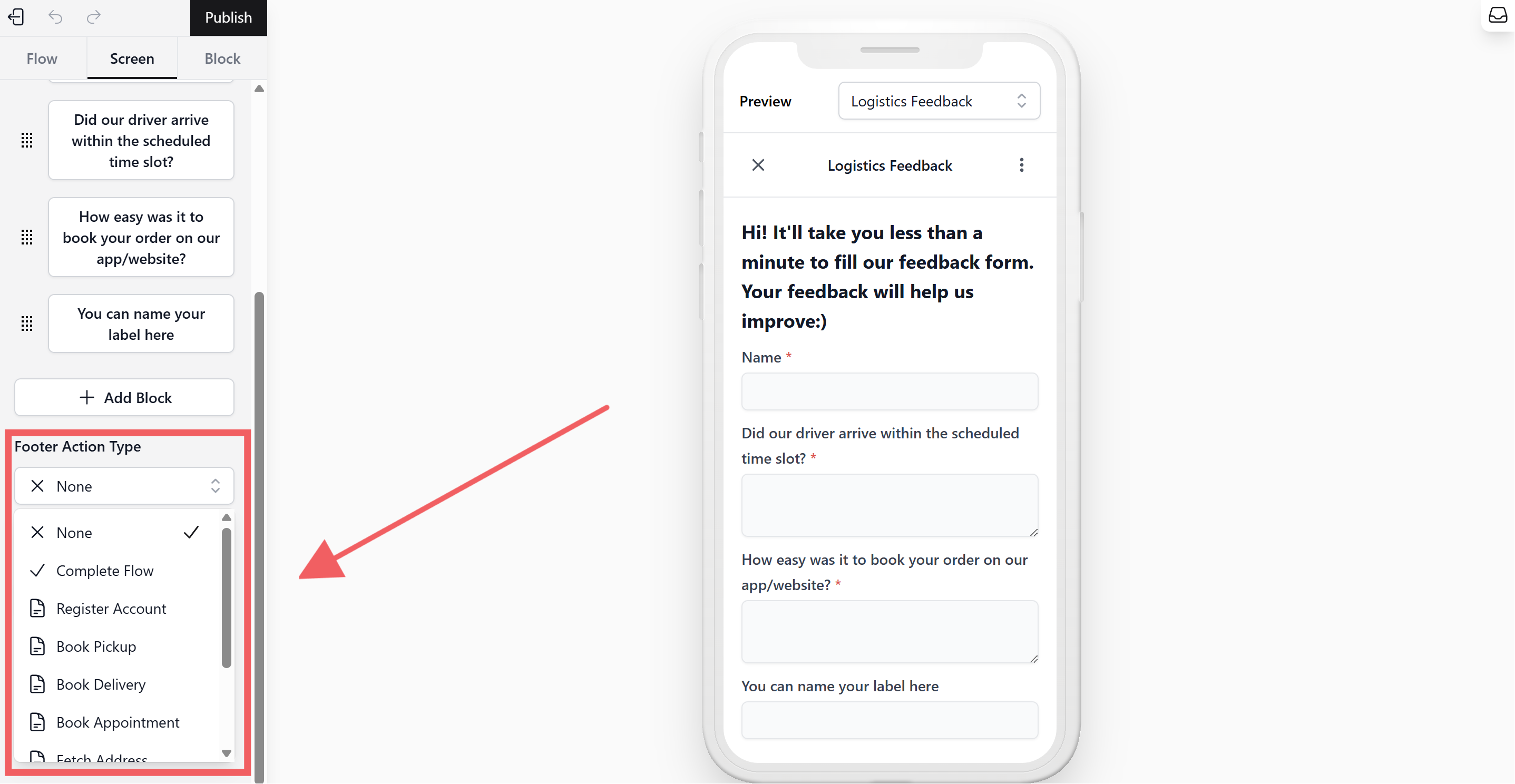 Scroll down to the Footer Action Type setting.