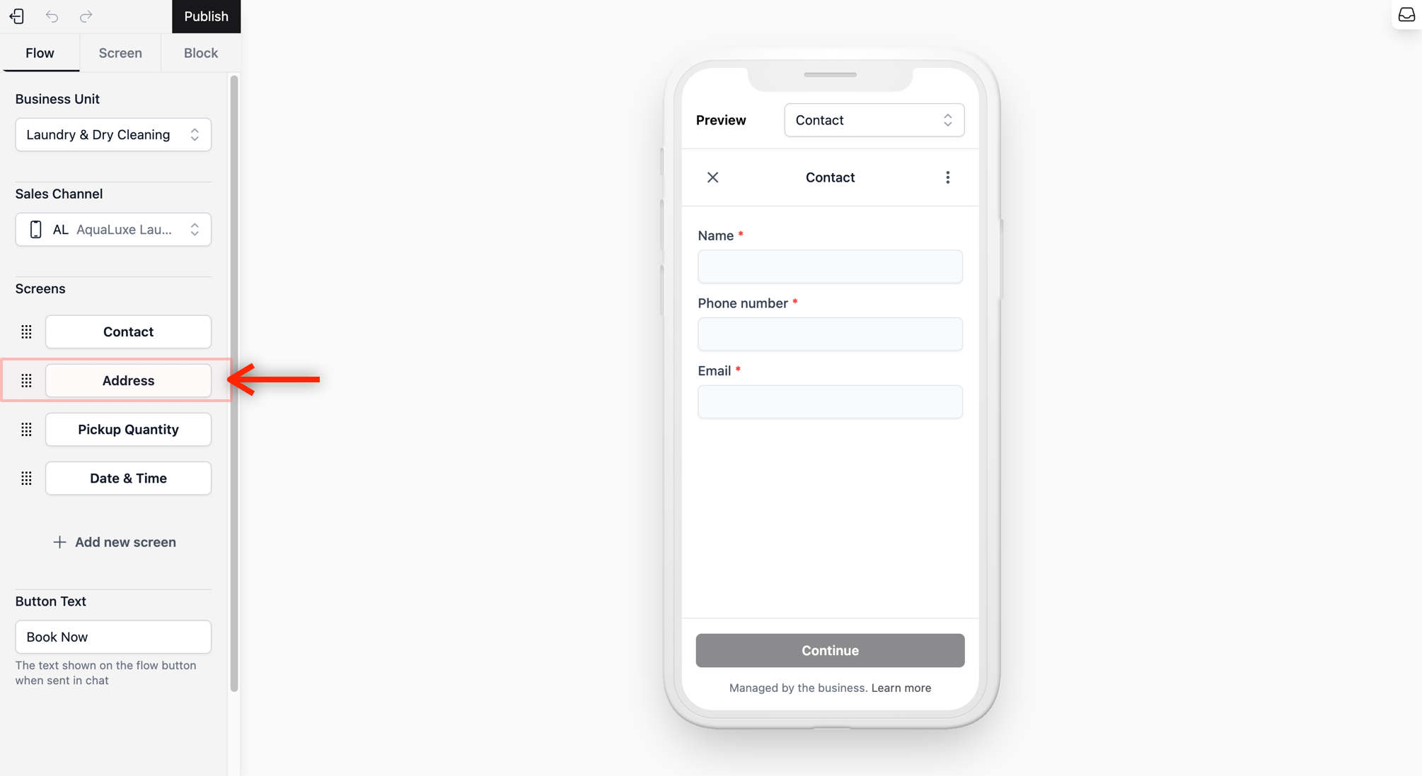 From the Flow Tab, select your Address Screen.