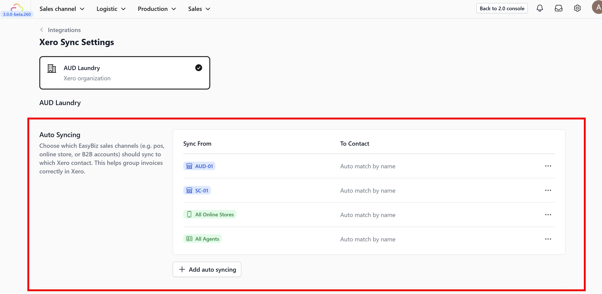 1. Go to the Auto Syncing tab in the Xero Integration settings.