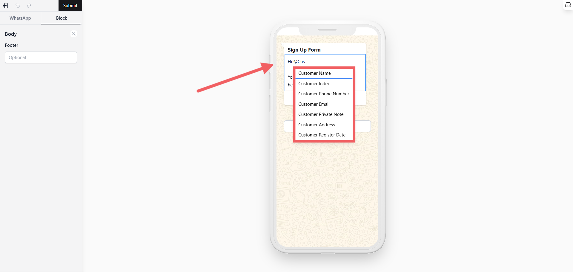 Header: Choose to display Text, an Image, a Document, or keep it as None at the top of your message.