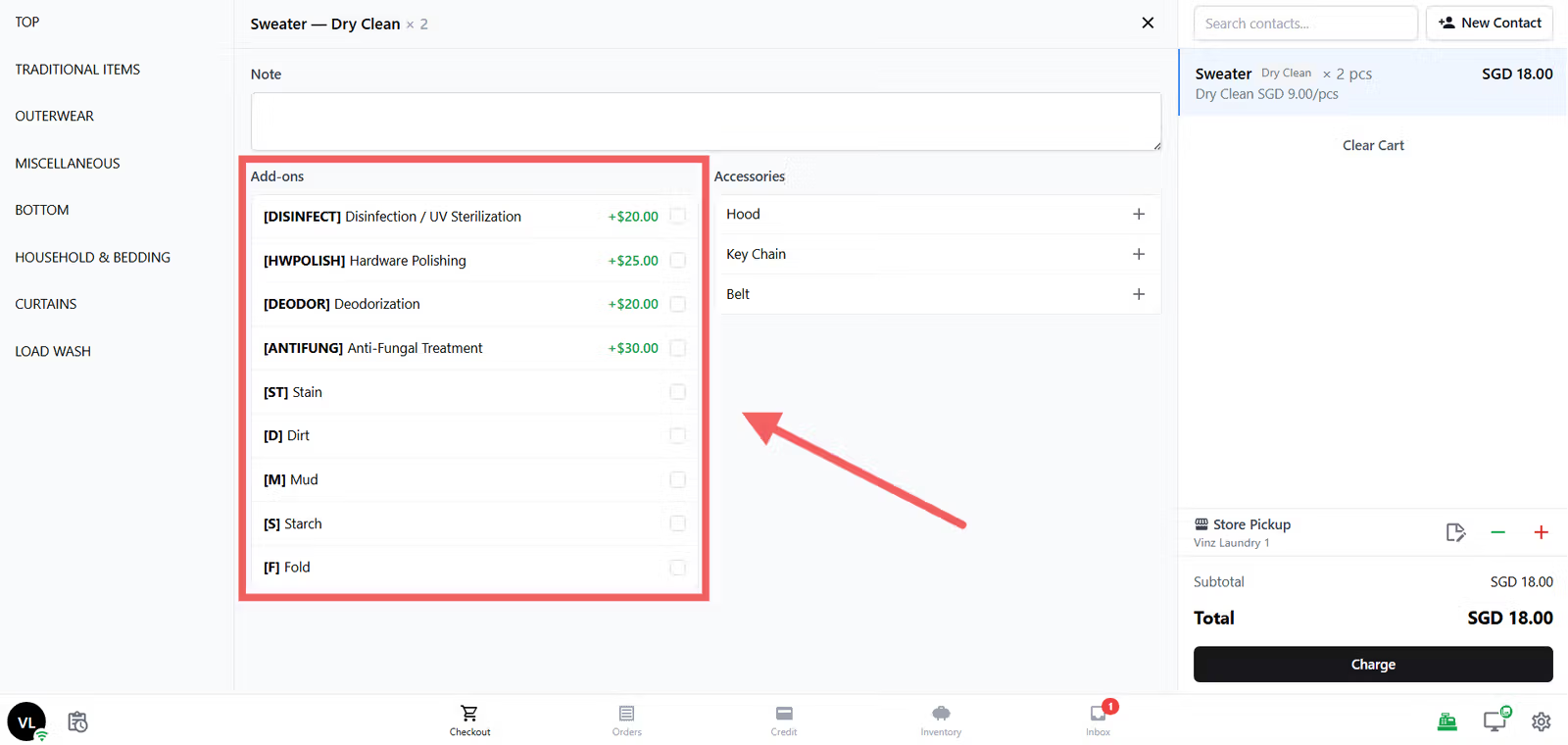 Each selected add-on is charged based on the item quantity.