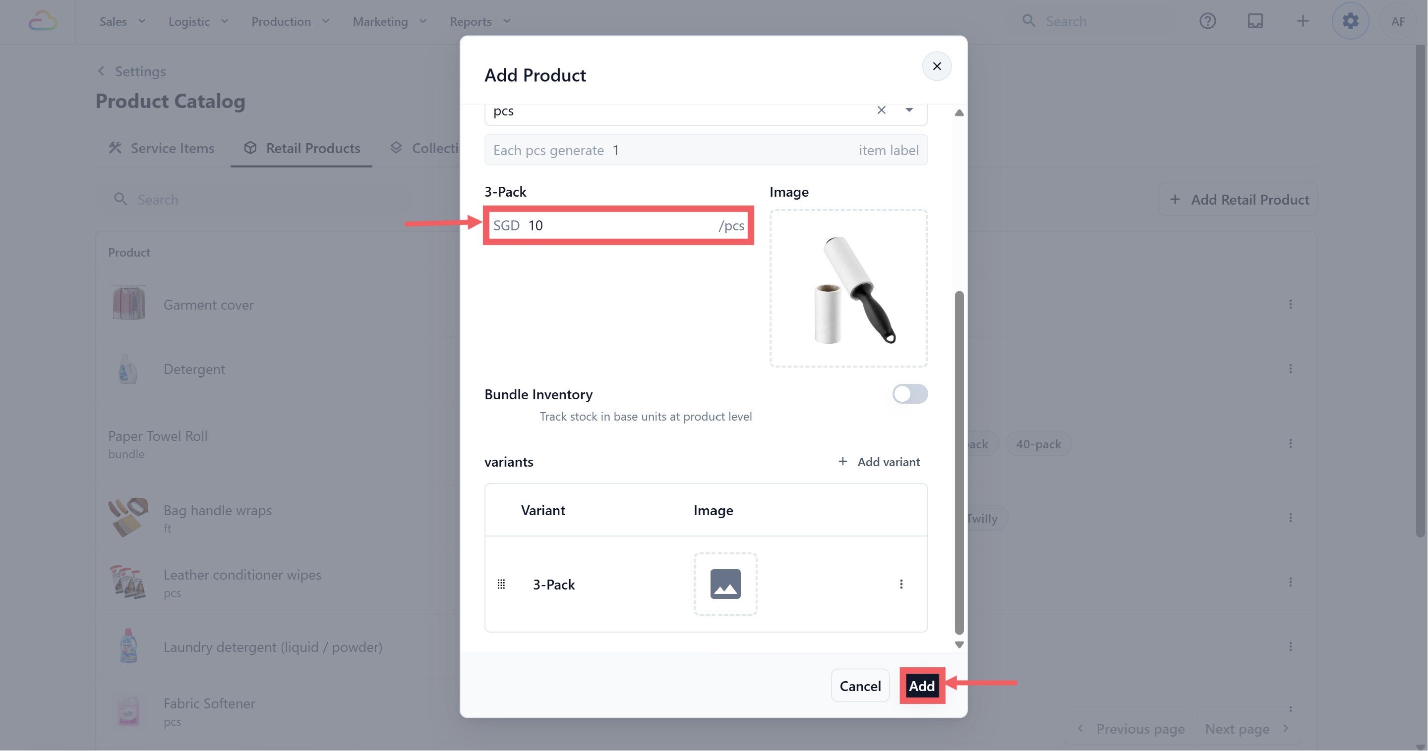 Optionally toggle on Bundle Inventory (see Bundle Inventory below).