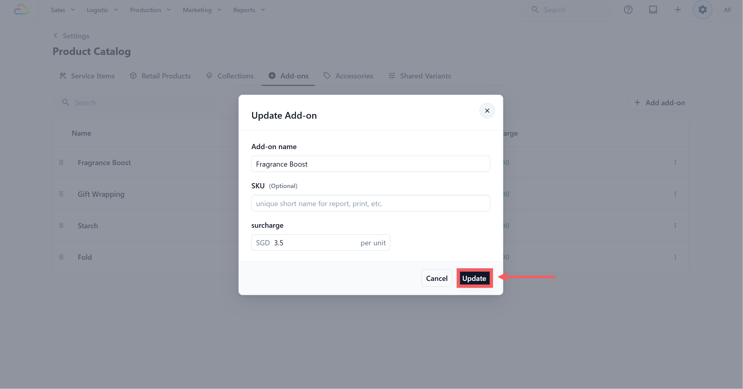 To edit an existing add-on, click anywhere on its row in the list. A dialog titled Update Add-on opens with the three fields pre-filled. Make your changes and click Update to save.