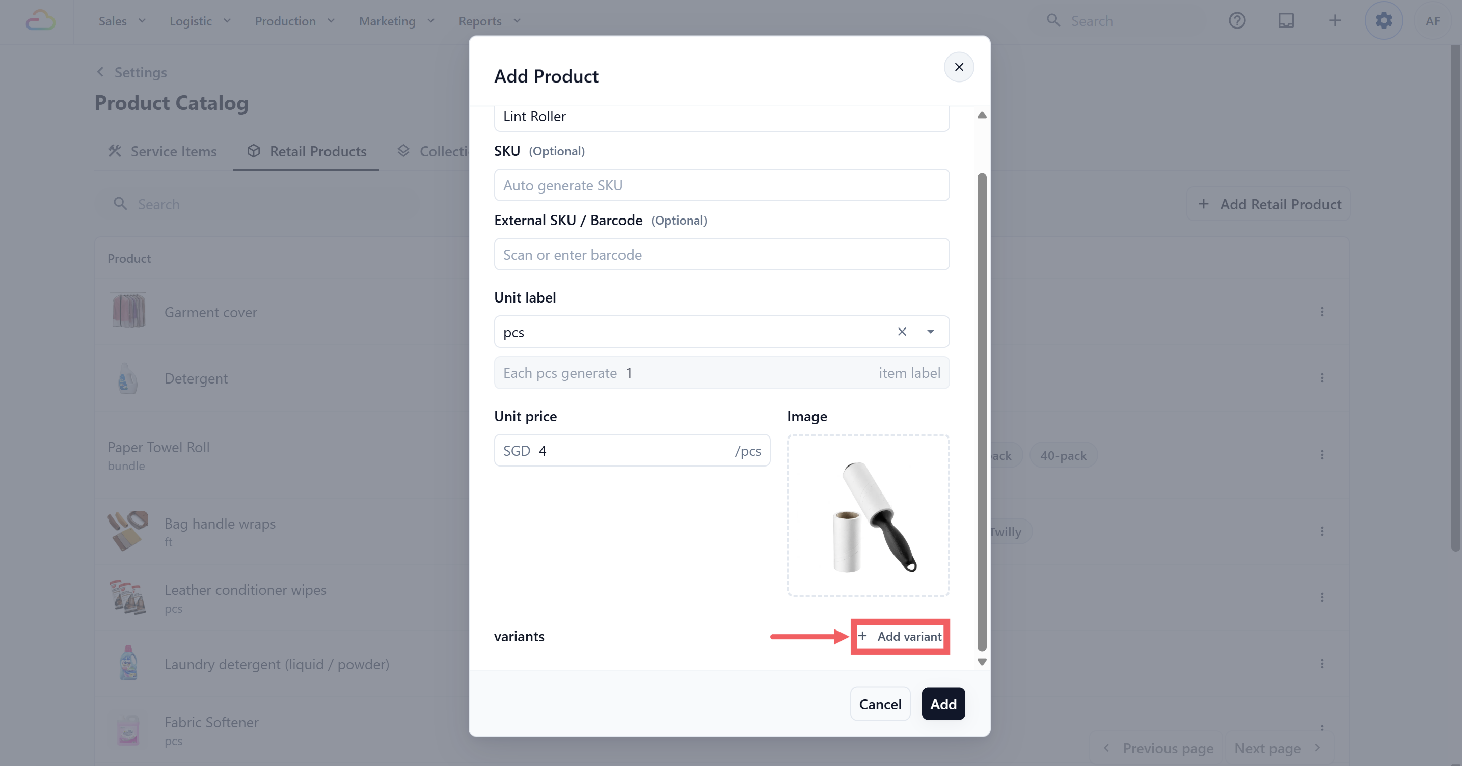 Open the Retail Product. Click Add variant.