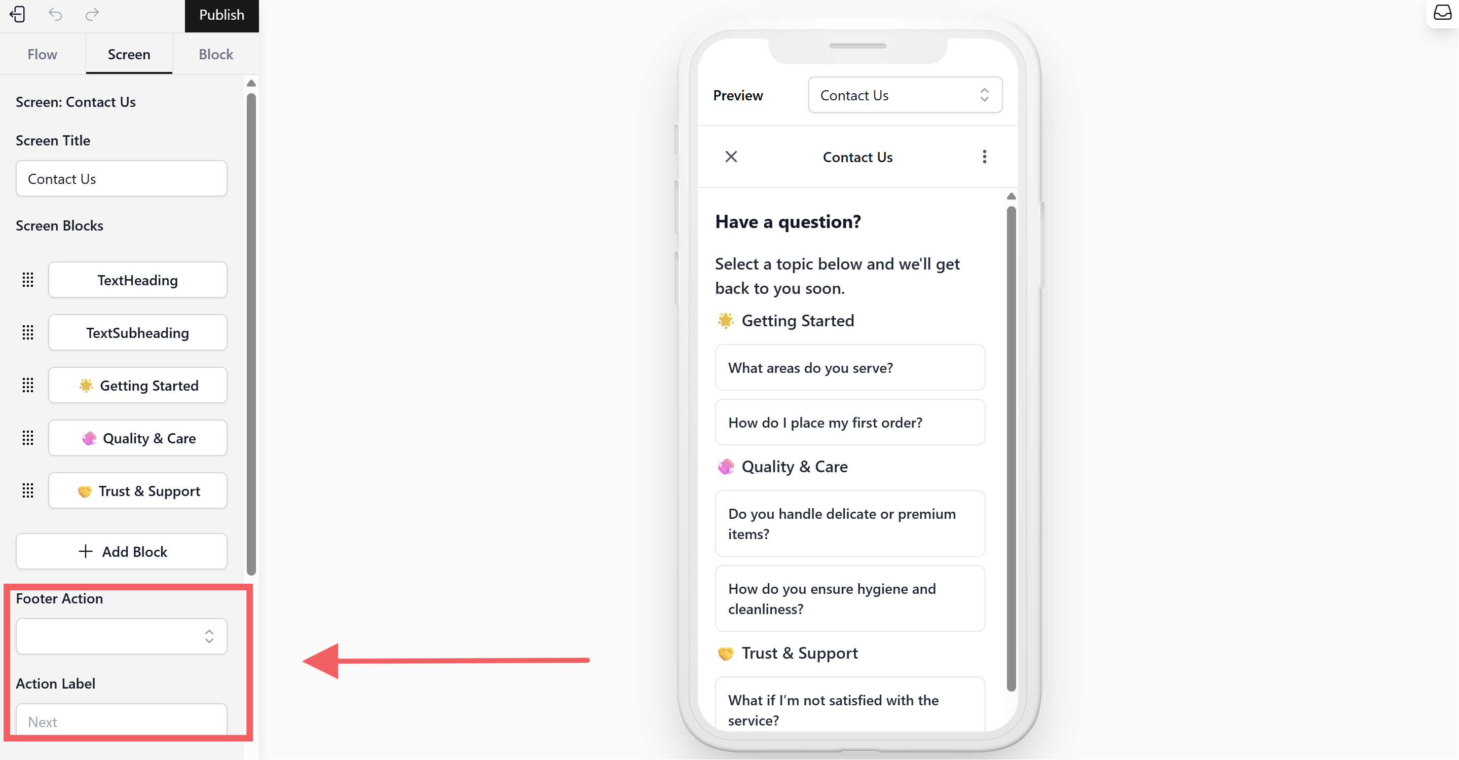 Define what happens when the customer clicks the button at the bottom of the screen.