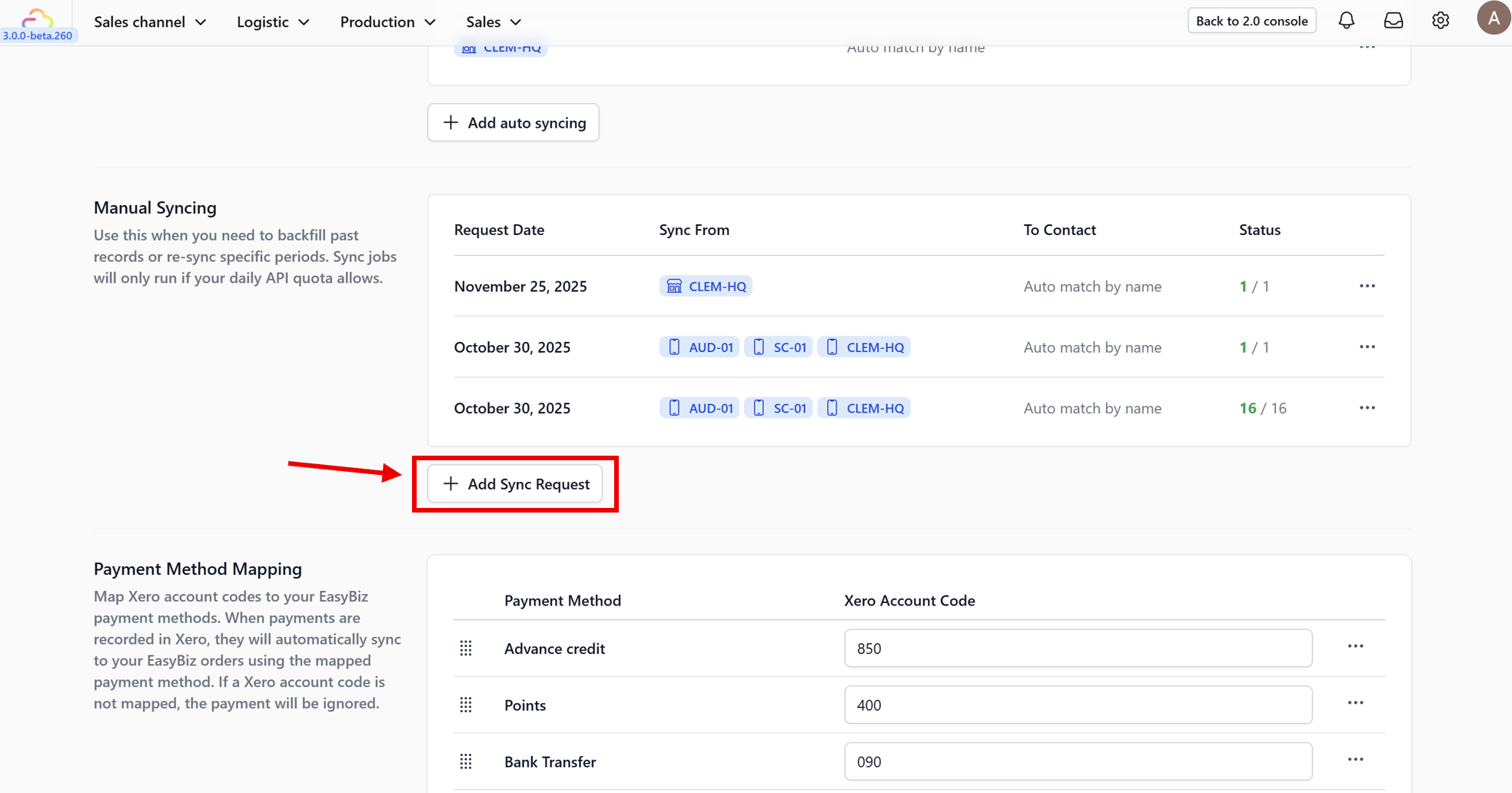 2. Click Add Sync Request.