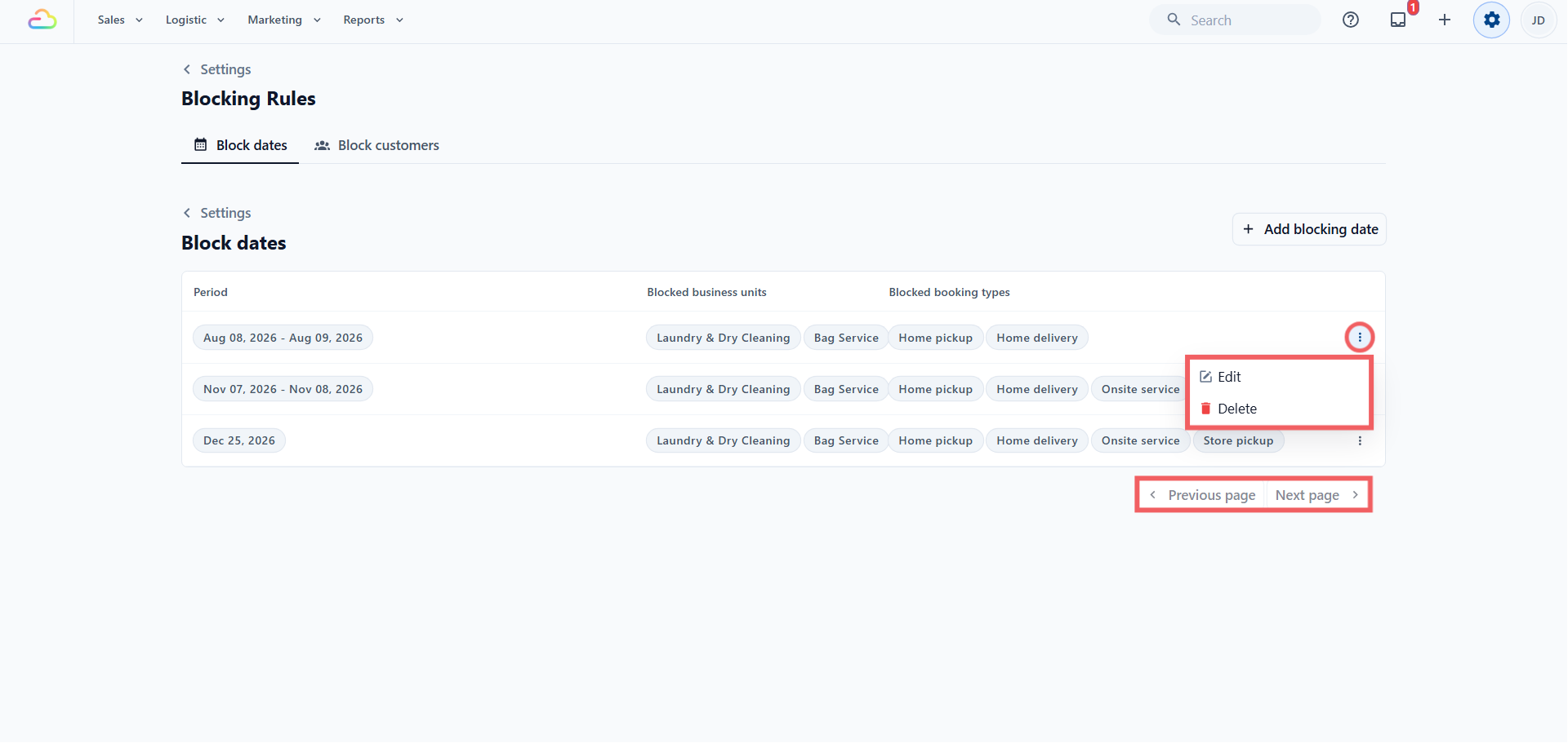 Every row has a three-dot menu with Edit (reopens the dialog with the current values) and Delete. Bookings already made while a rule was active stay as they are. When there are many rules, the list paginates, with Previous and Next buttons at the bottom right.