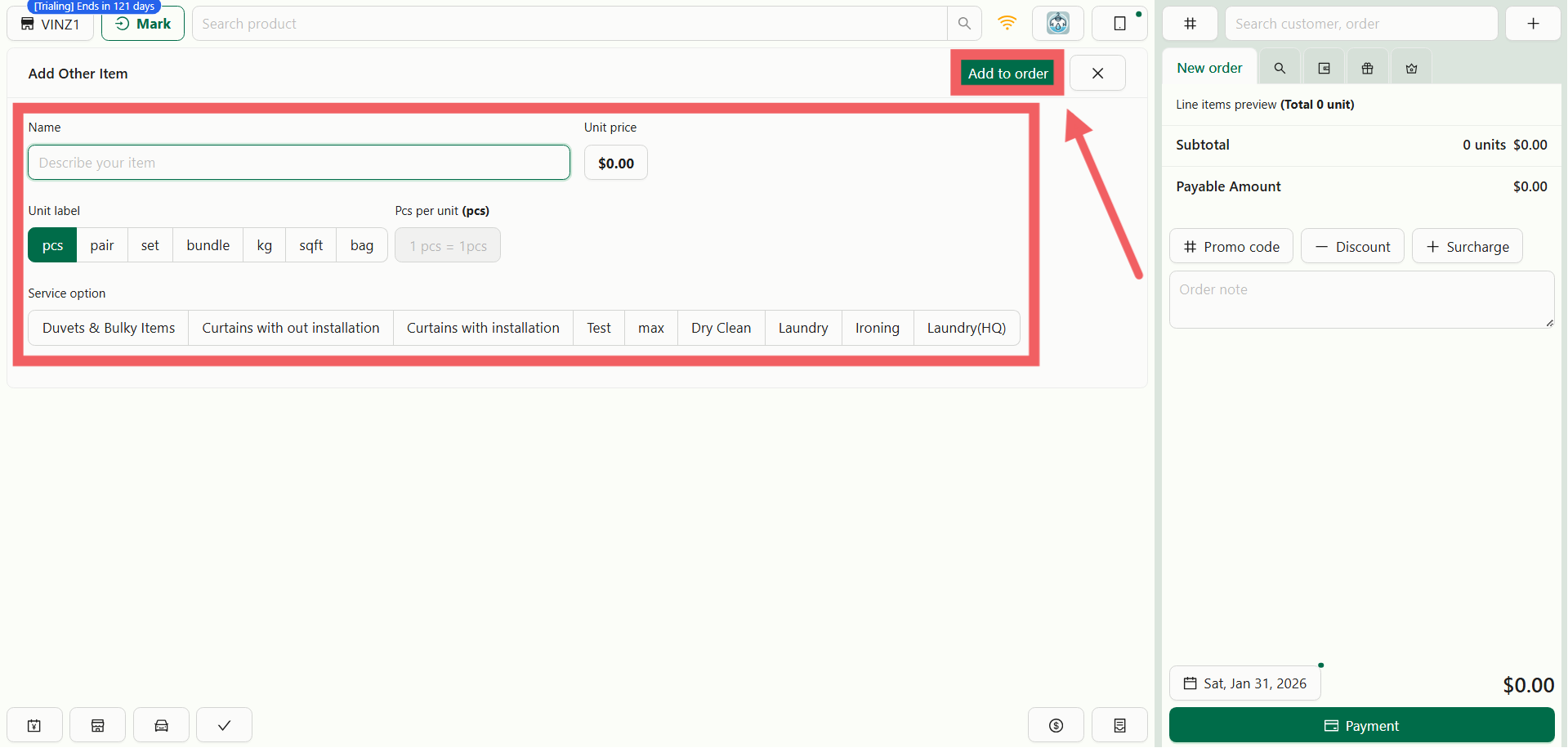 If a customer brings an item that is not in your preset menu (e.g., a "Vintage Doll"), use the Custom Item function.