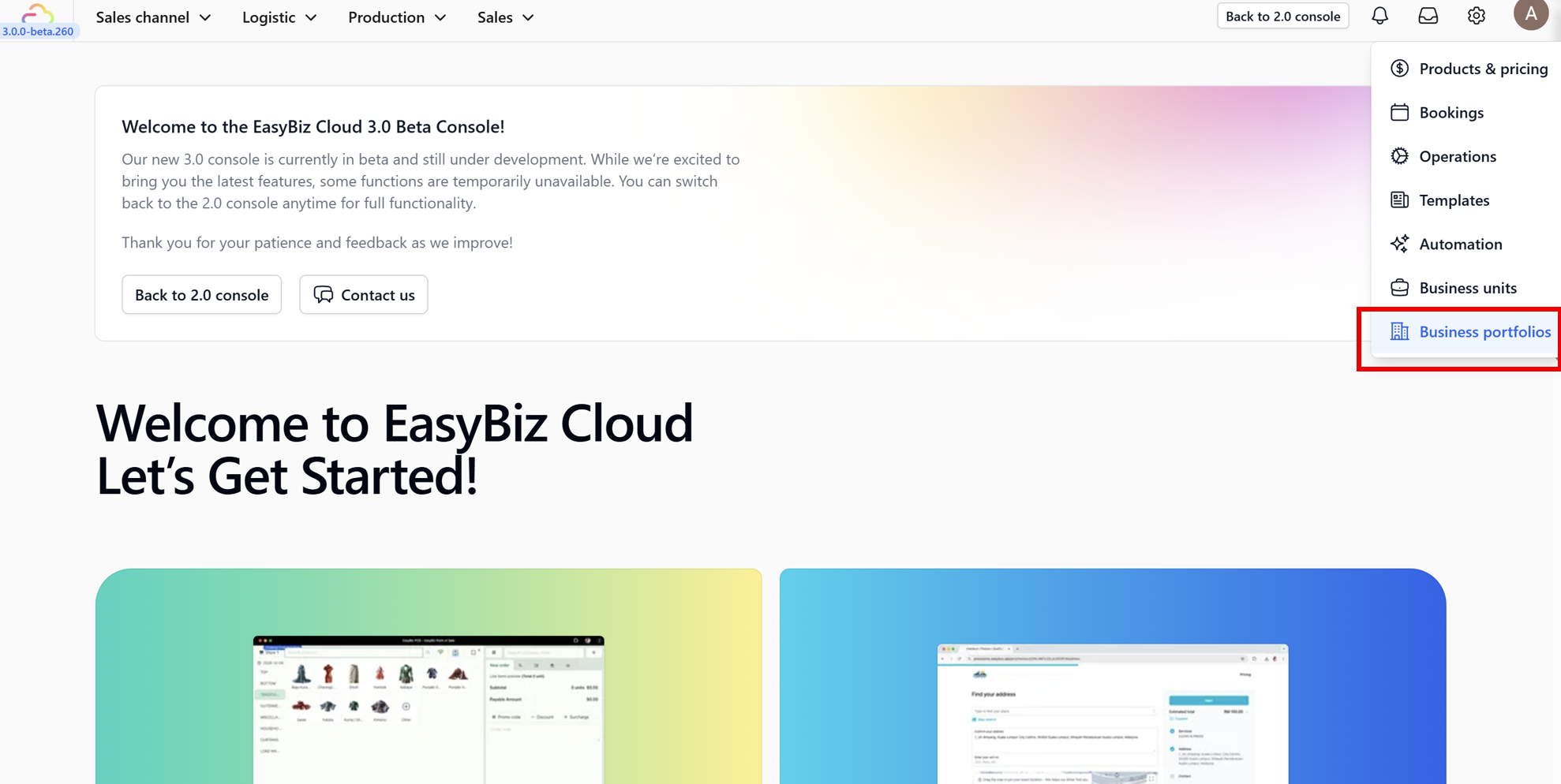 1. Navigate to Business Portfolios: Log in to your EasyBiz 3.0 Console. On the side menu, go to Settings and select Business Portfolios.