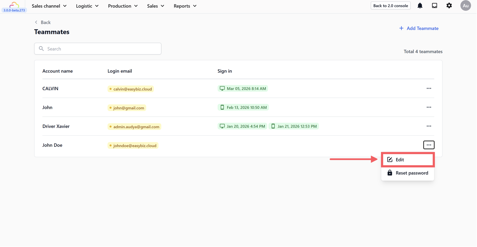 Open the teammate's profile by clicking ⋯ → Edit.