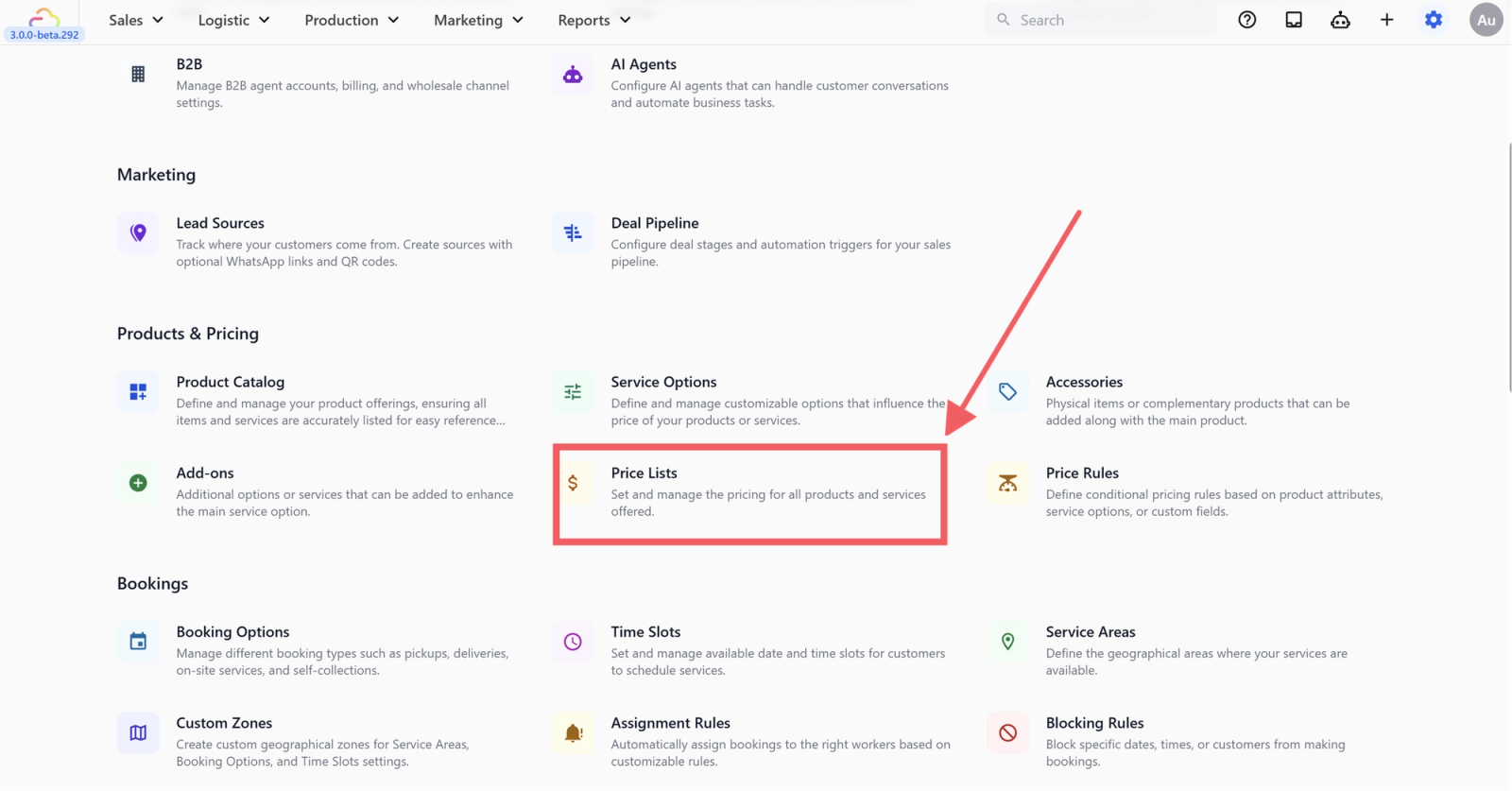 3. Click Price Lists