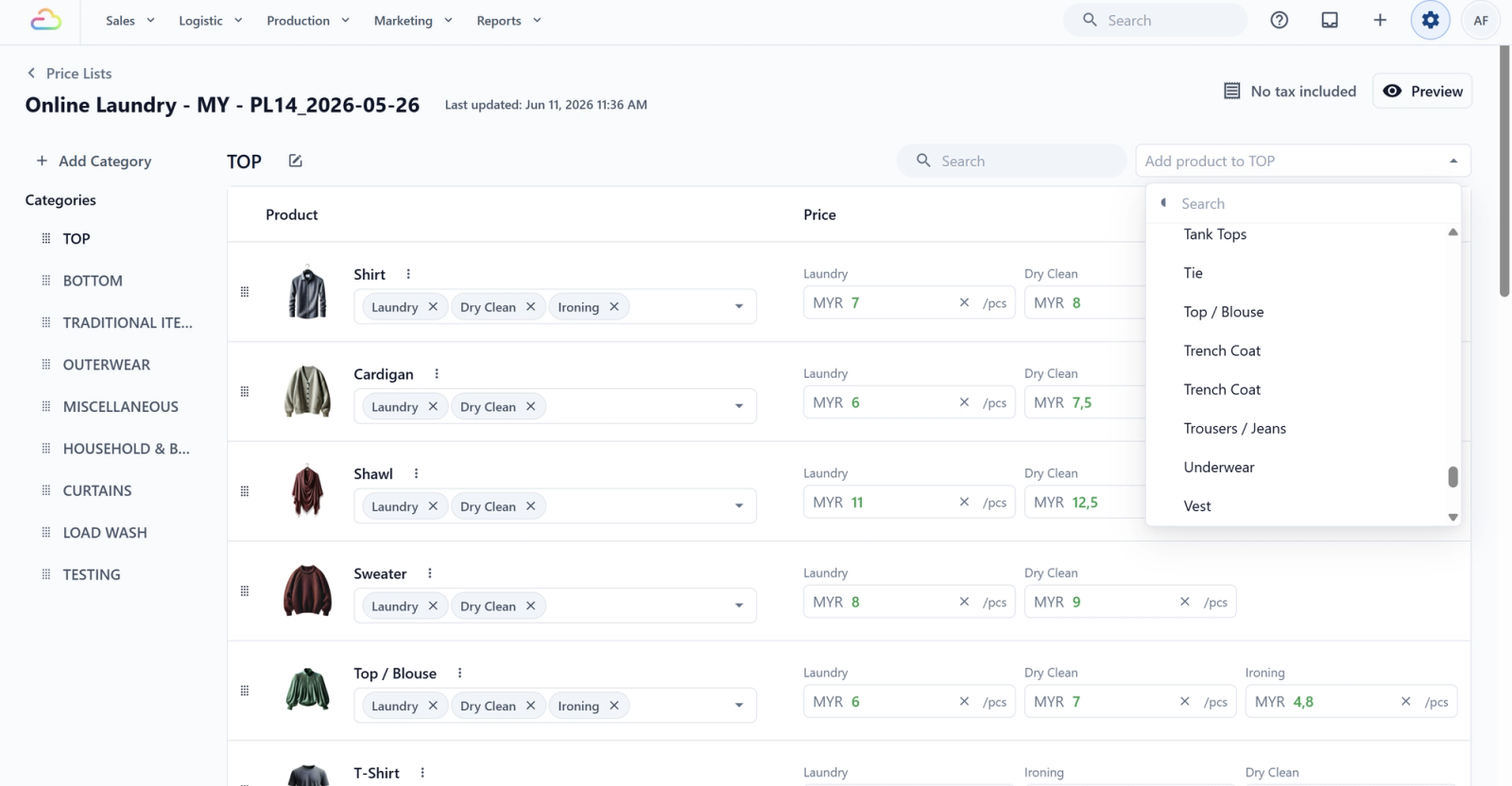 β
Example: How a Service Item appears in a Price List, ready for you to set each service price.