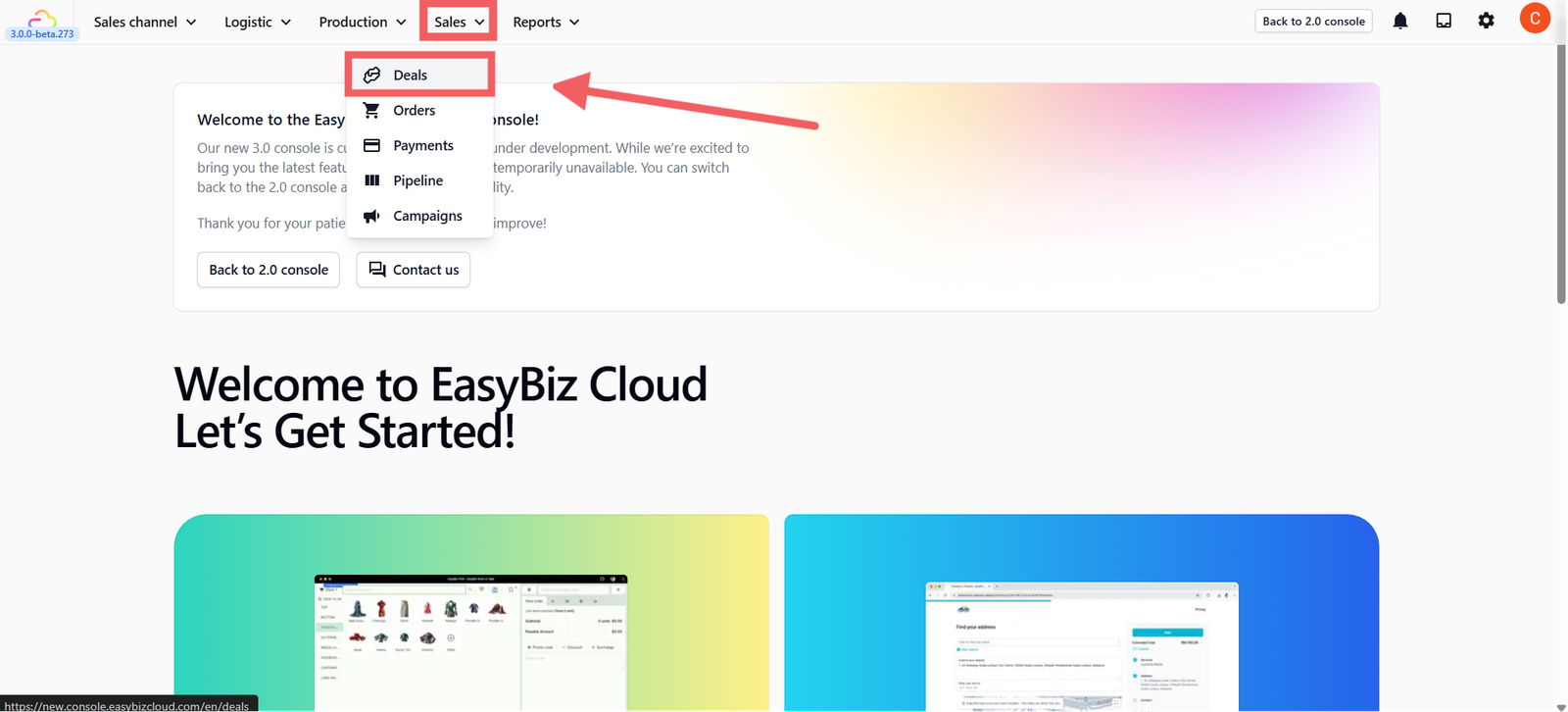 On the top navigation bar, click Sales and select Deals from the dropdown menu.