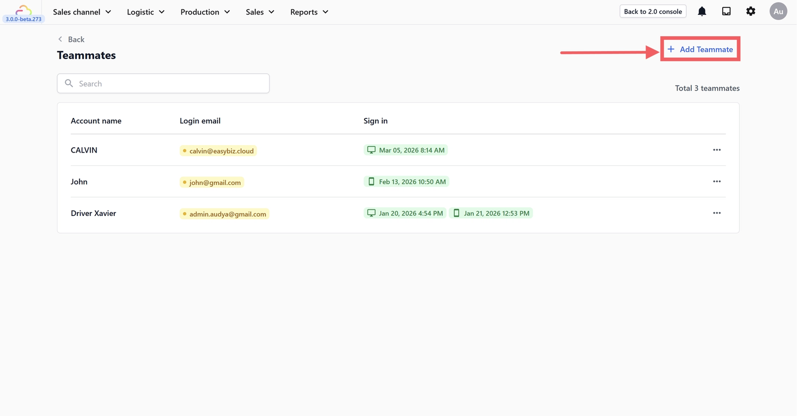 On the Teammates page, click + Add Teammate in the top right.