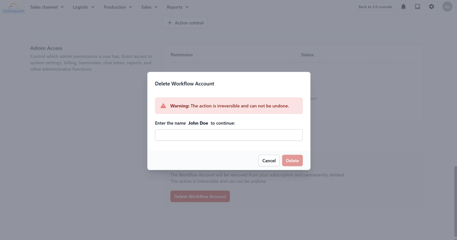 You'll be asked to type the teammate's account name to confirm. Then, Click Delete.