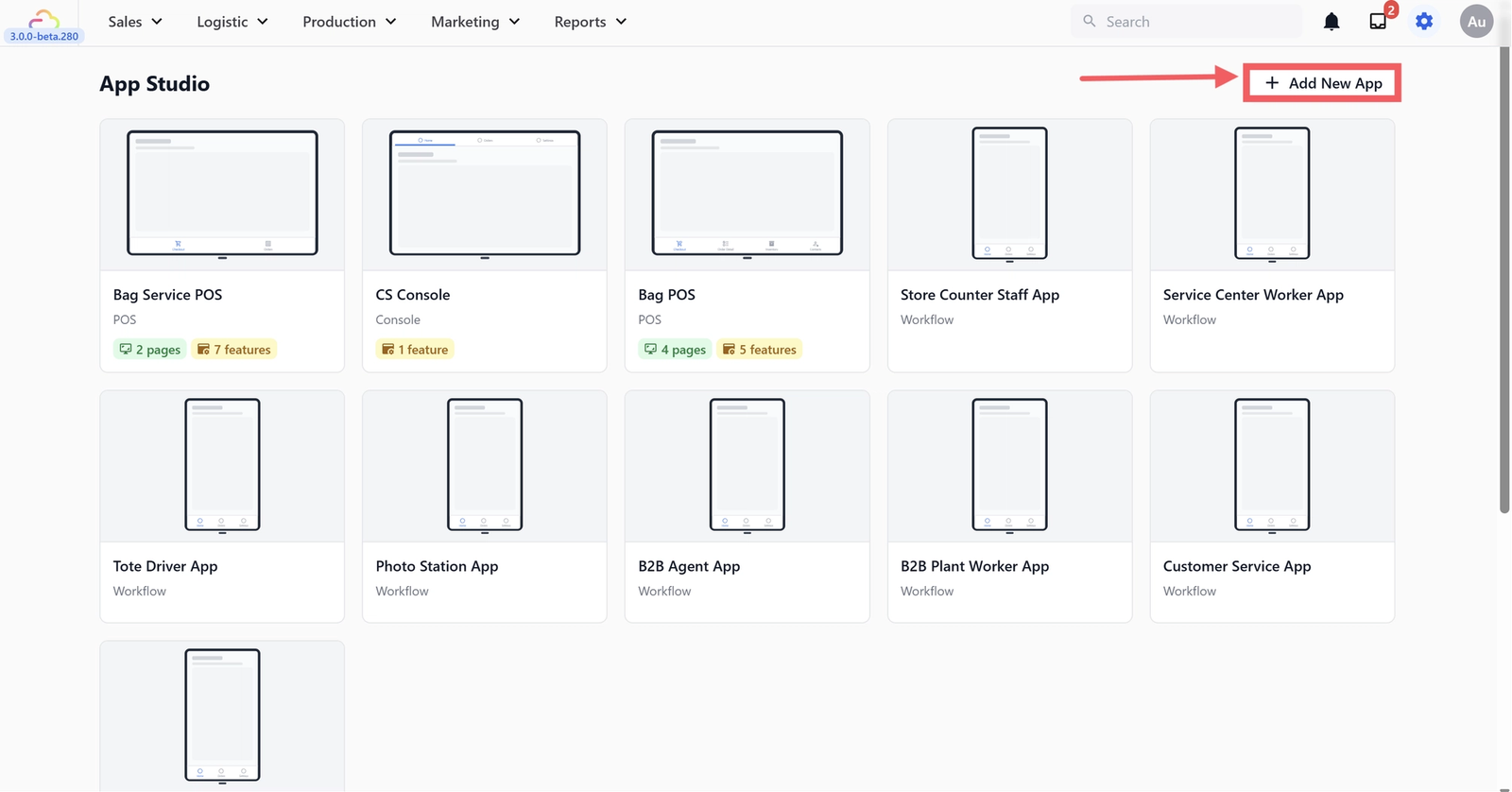On the App Studio page, click the + Add New App button in the top right corner.