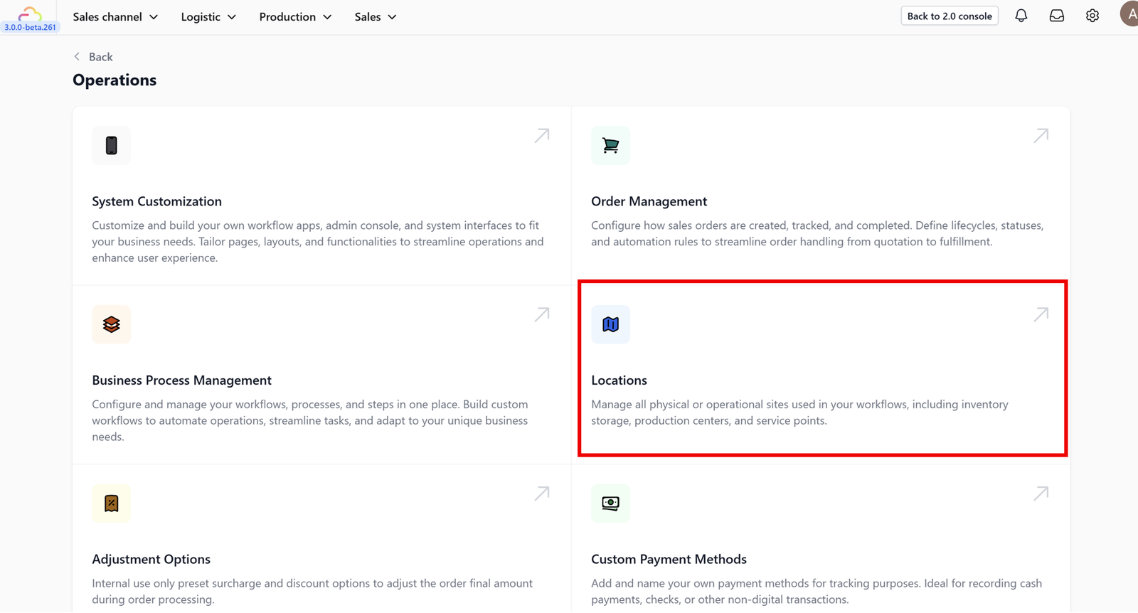 3. Within the Operations dashboard, find and click on the Locations feature card.
