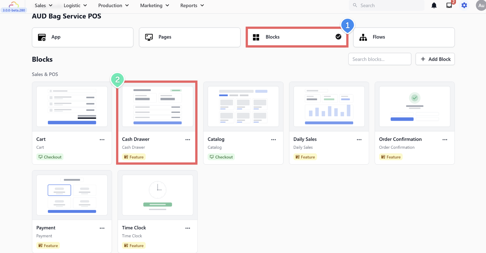 Go to the Blocks tab. Find the block called Cash Drawer and click on it.