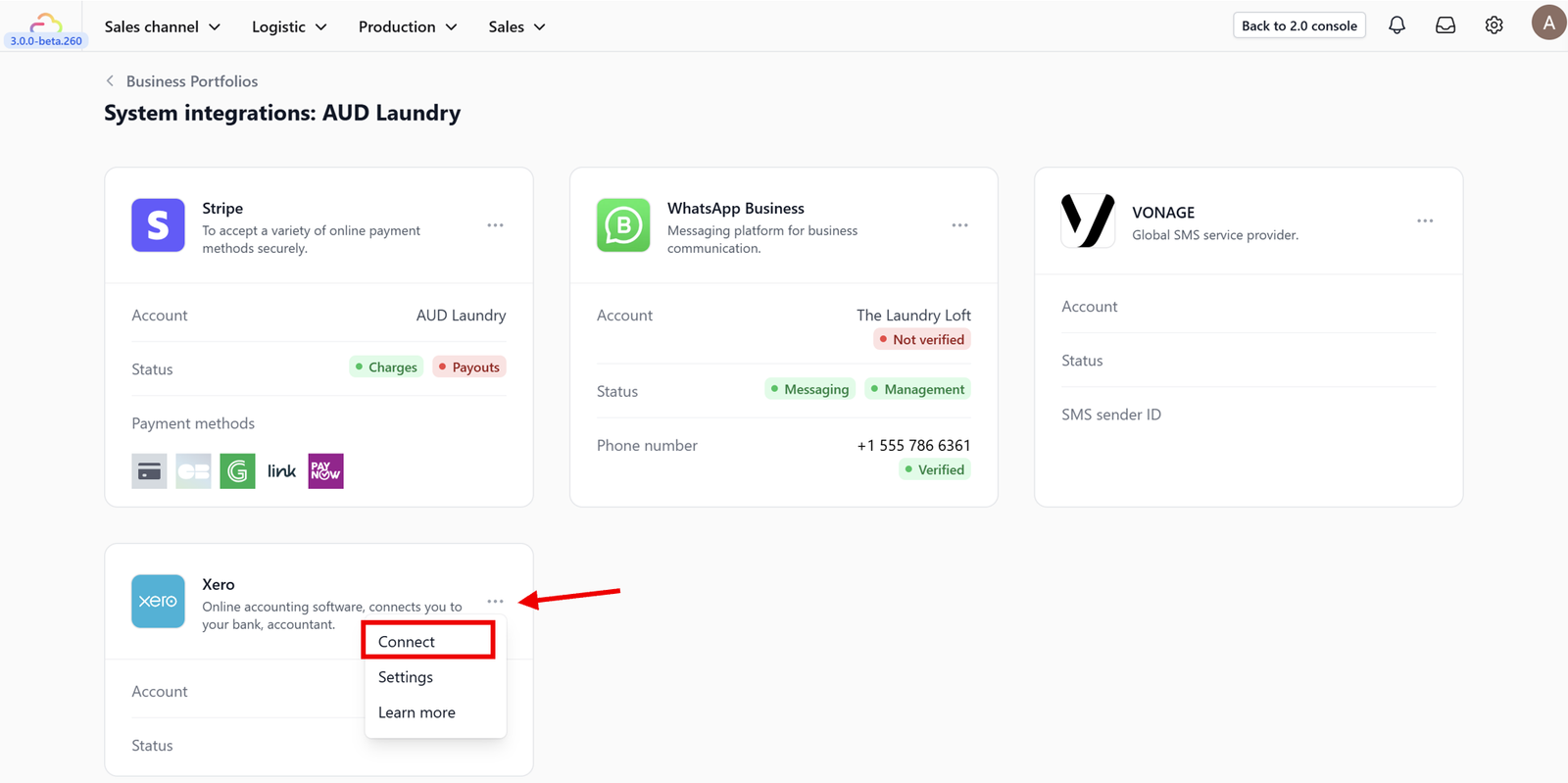 3. Connect Xero: Locate the Xero card in the list of available integrations. Click the three dots icon on the card and select Connect.
