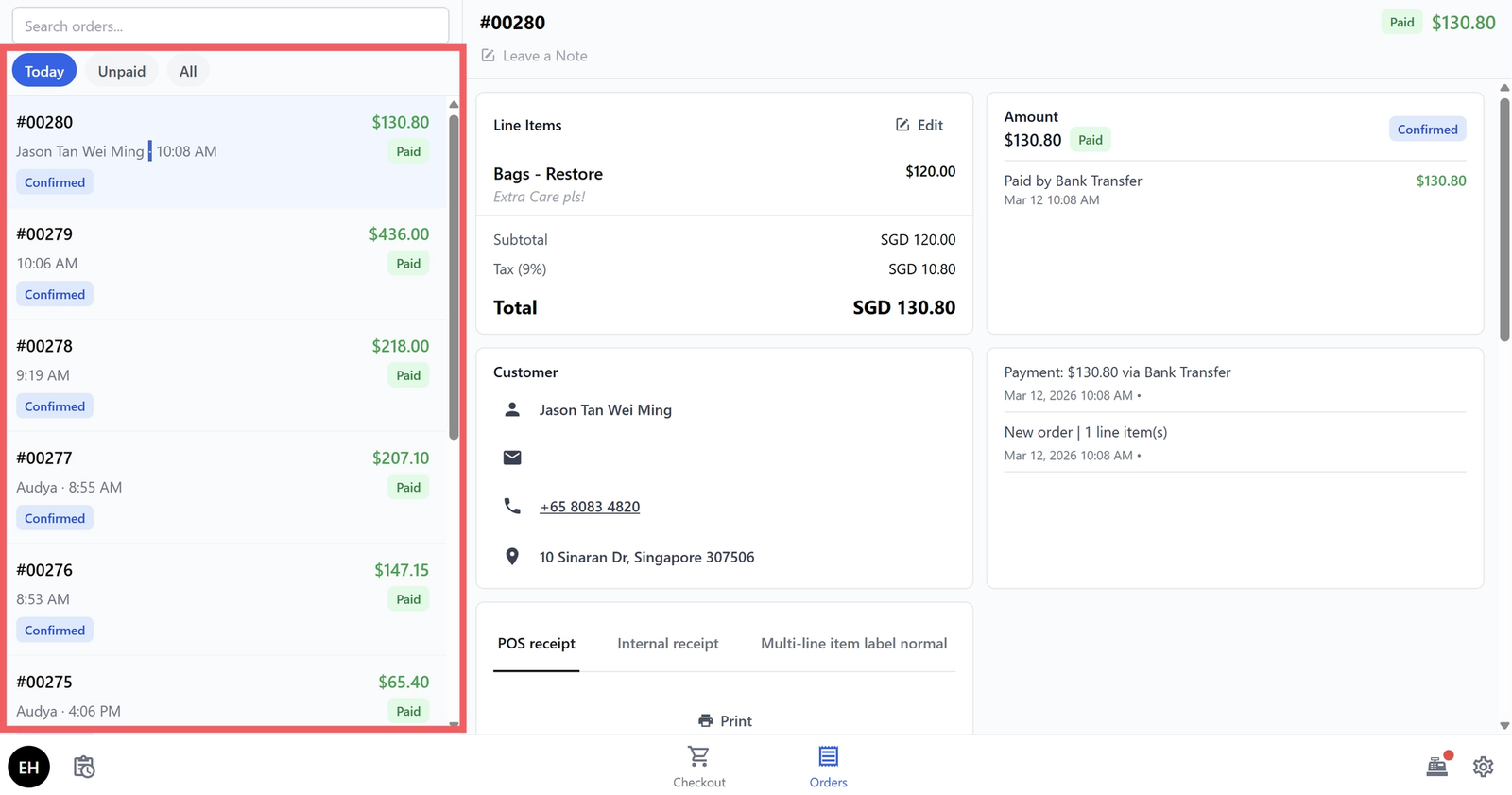 How the orders block you have configured looks on your POS