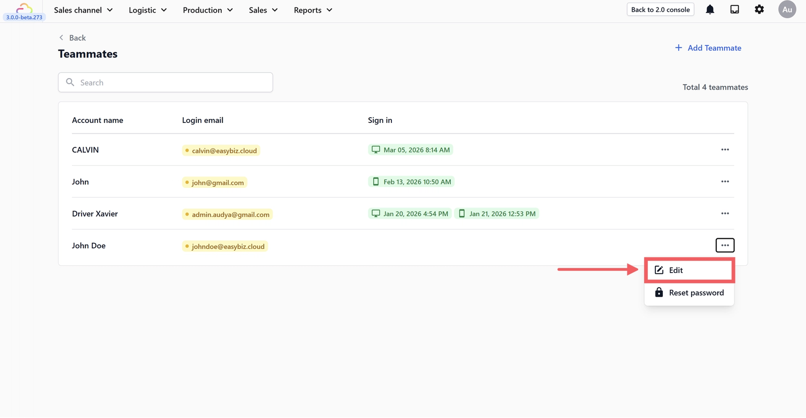Open the teammate's profile by clicking ⋯ → Edit.