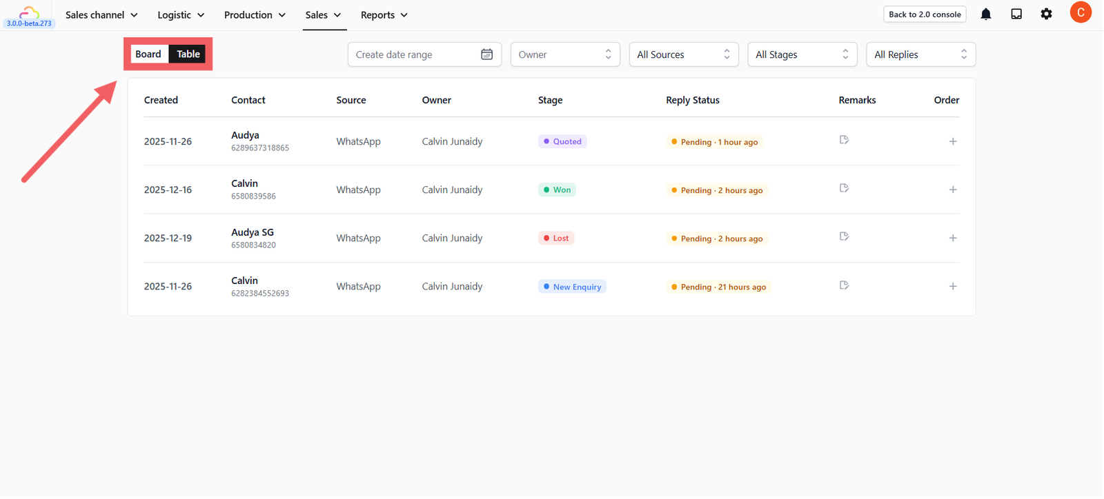 You will see the Deals page, which can be viewed in either Board View or Table View.