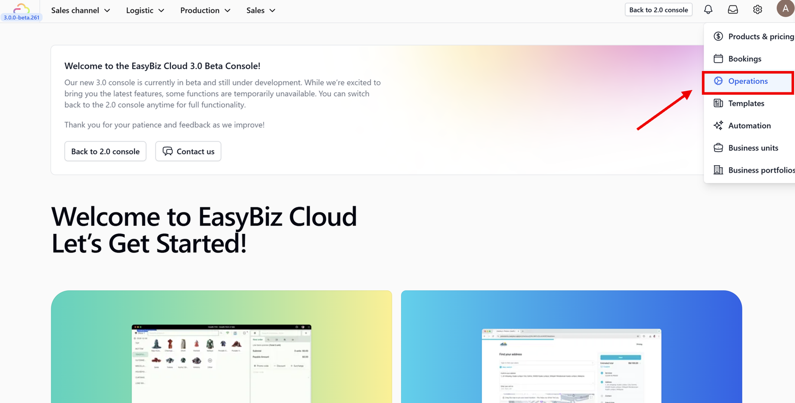 2. Next, from the side menu options, select the Operations section.
