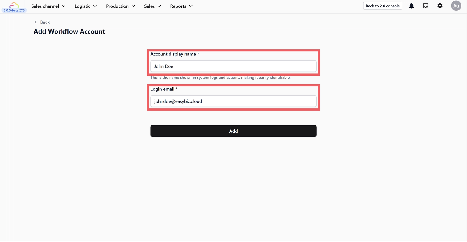 Fill in the account name and email address.