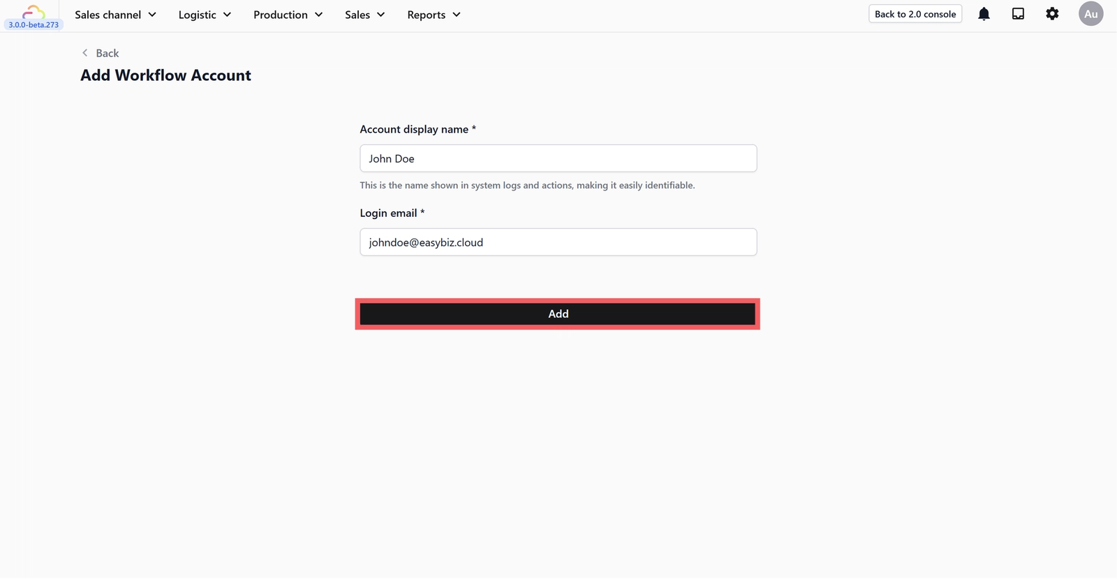 Click Add to create the account.