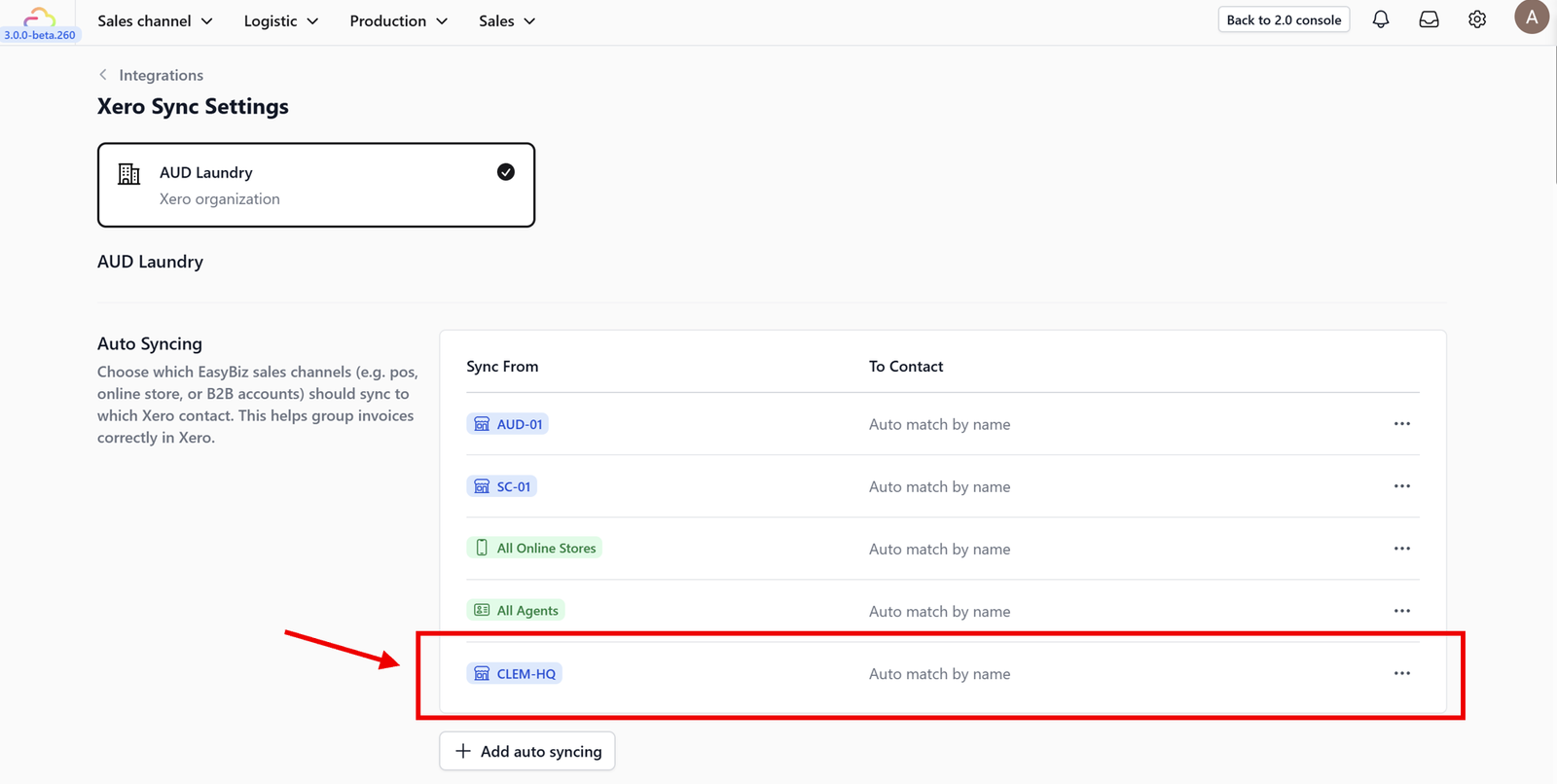 7. Once added, your specific sales channel configuration will appear in this list, confirming that auto-sync is successfully active.