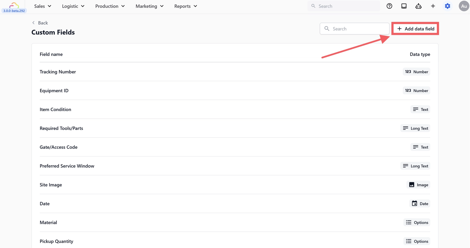 Click the + Add data field button in the top right.