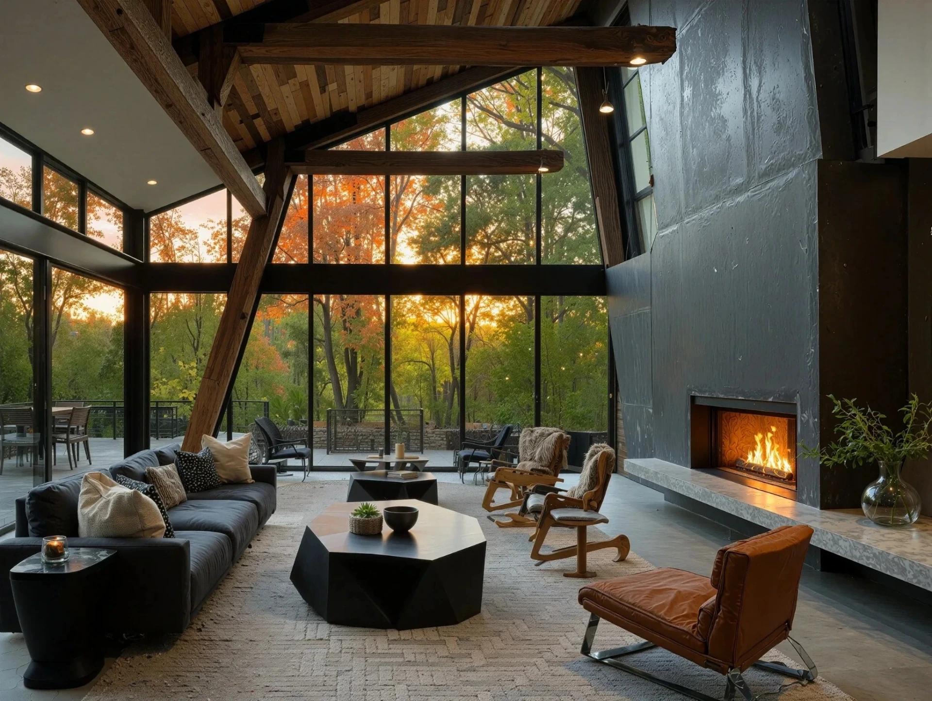 Living room with floor-to-ceiling windows and clear glass overlooking forest views