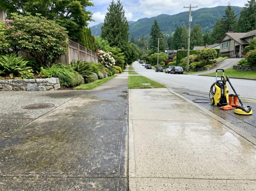 Residential sidewalk pressure washing before and after in North Vancouver
