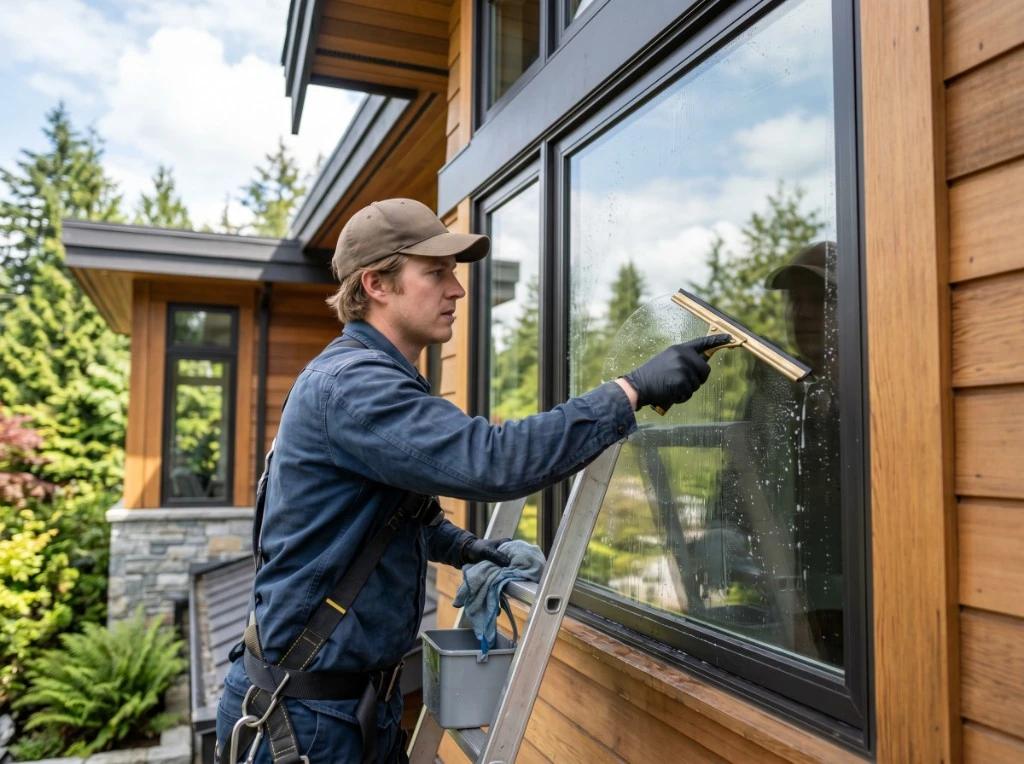 Professional residential window cleaner on ladder with safety equipment in North Vancouver