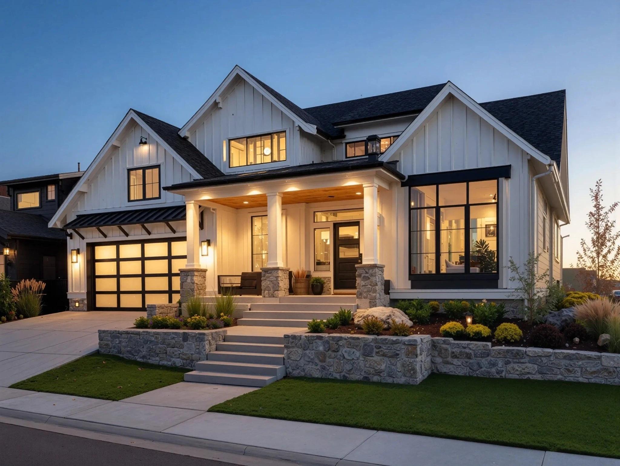 Modern farmhouse exterior with large black-framed windows at dusk