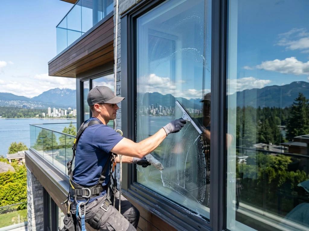 Professional window cleaner with harness on high-rise residential glass overlooking North Vancouver and Vancouver skyline