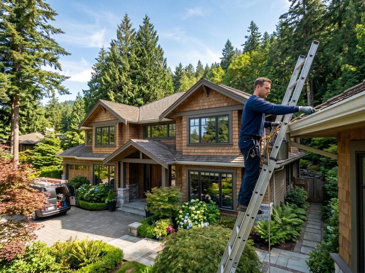 Professional gutter cleaning on a North Vancouver home with ladder and service van