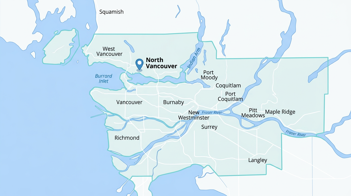 Map of Greater Vancouver showing Mint Sanitary service area