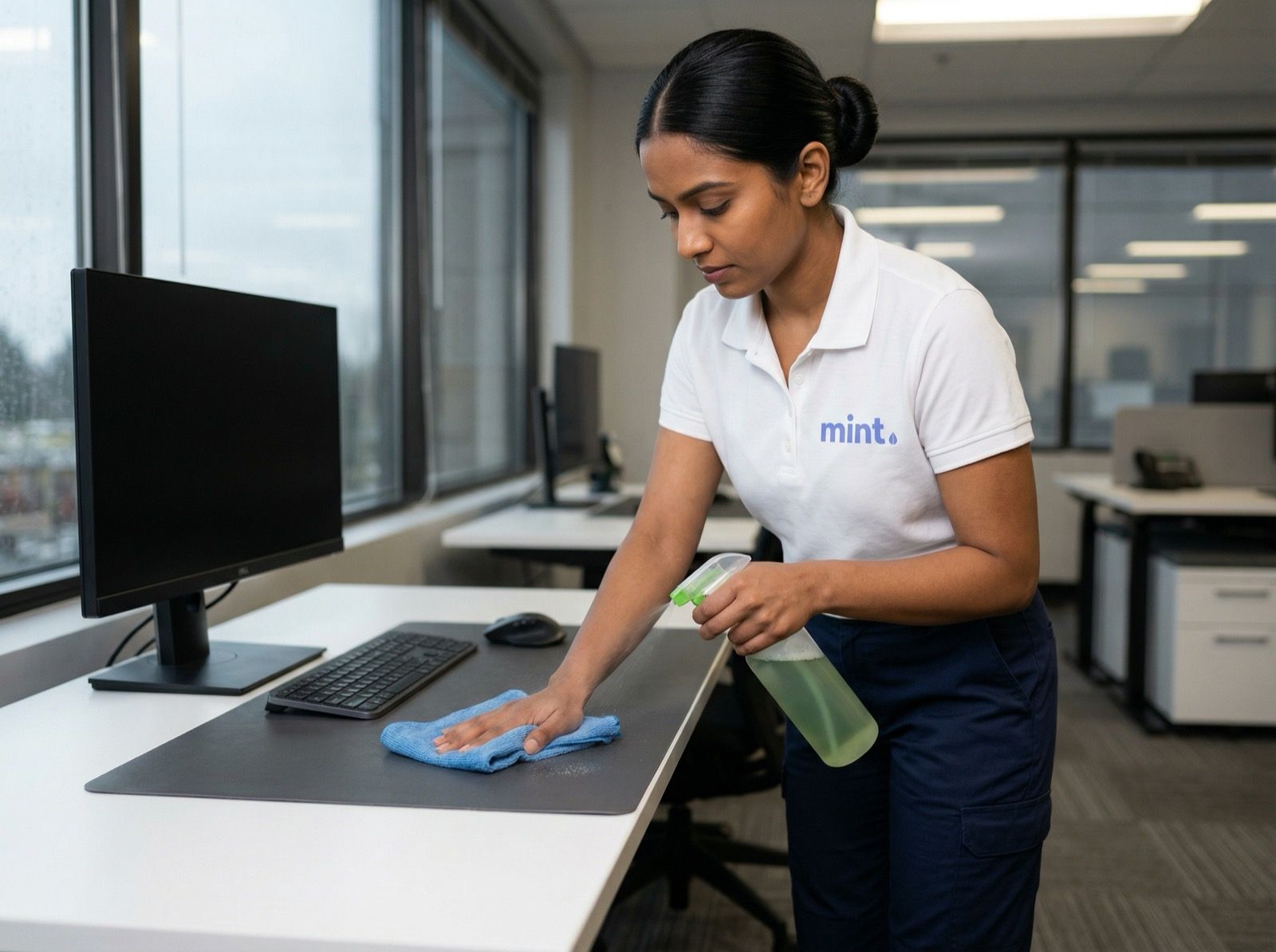 Office desk and workstation being disinfected during a Greater Vancouver office cleaning visit