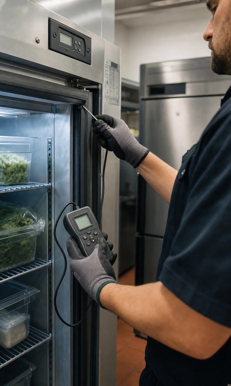Technician measuring refrigeration temperature to diagnose a fault