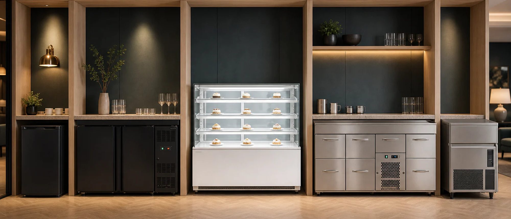Minibaar, baarikülmik, kondiitrivitriin, baarmeni töölaud ja jäämasin hotelli showroom'is