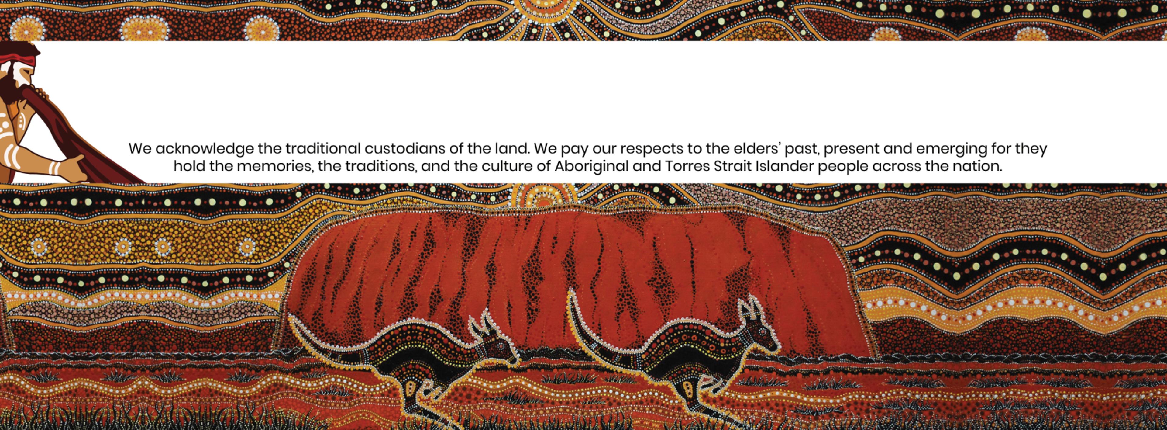 Aboriginal artwork featuring Uluru and kangaroos — a traditional land acknowledgement