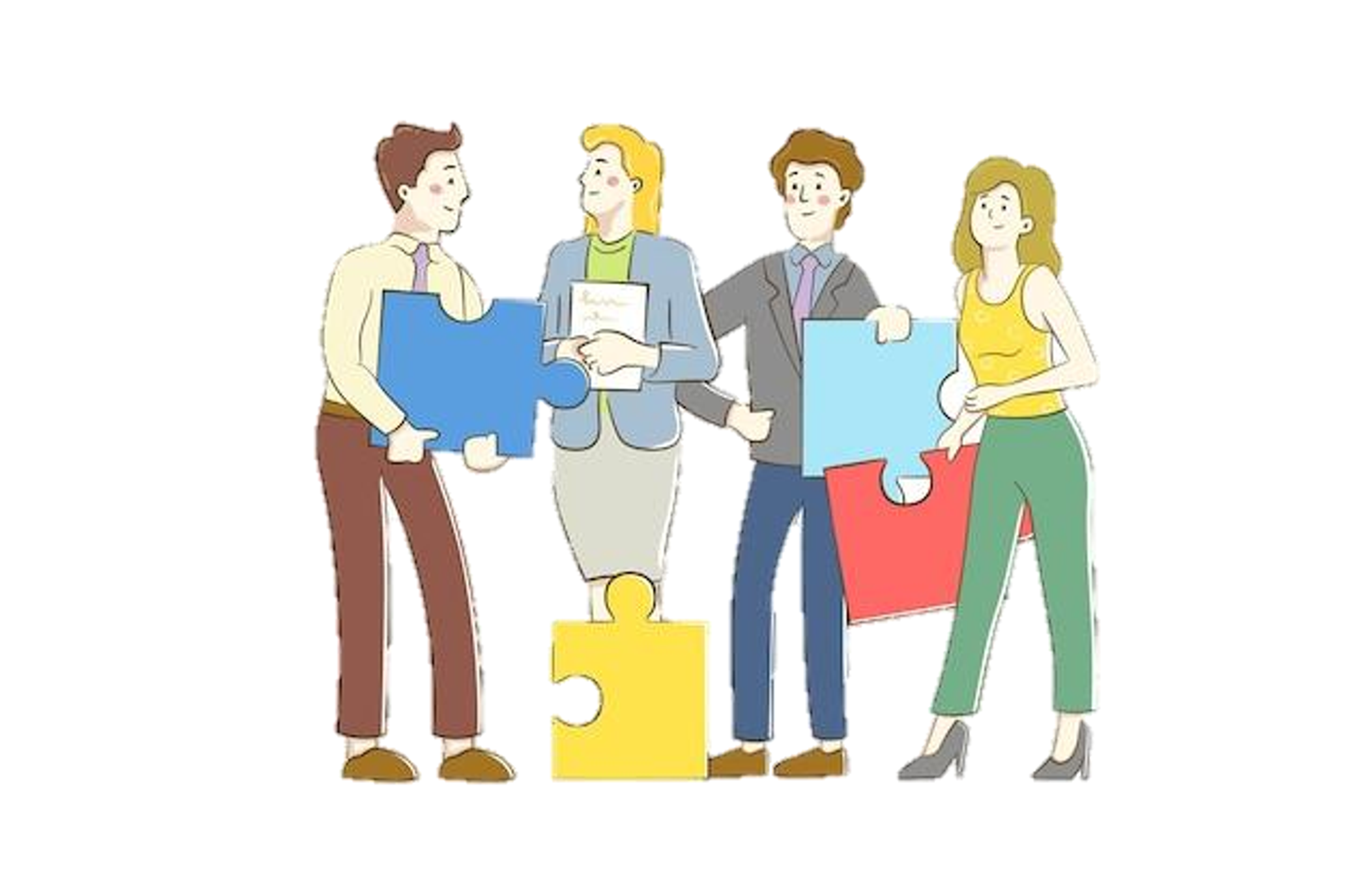 Educators and parents forming a partnership, illustrated as people joining puzzle pieces.