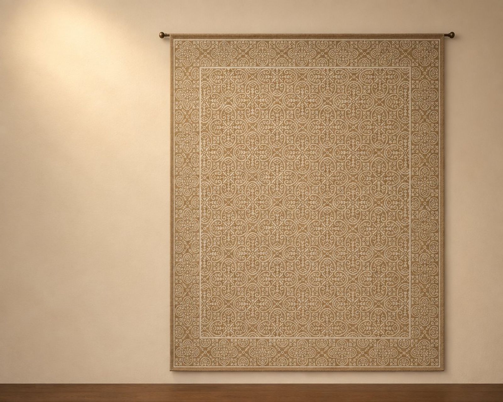 Illustration of Bauda BAU439C Bronze, a Senneh Knot rug, hung on a wall