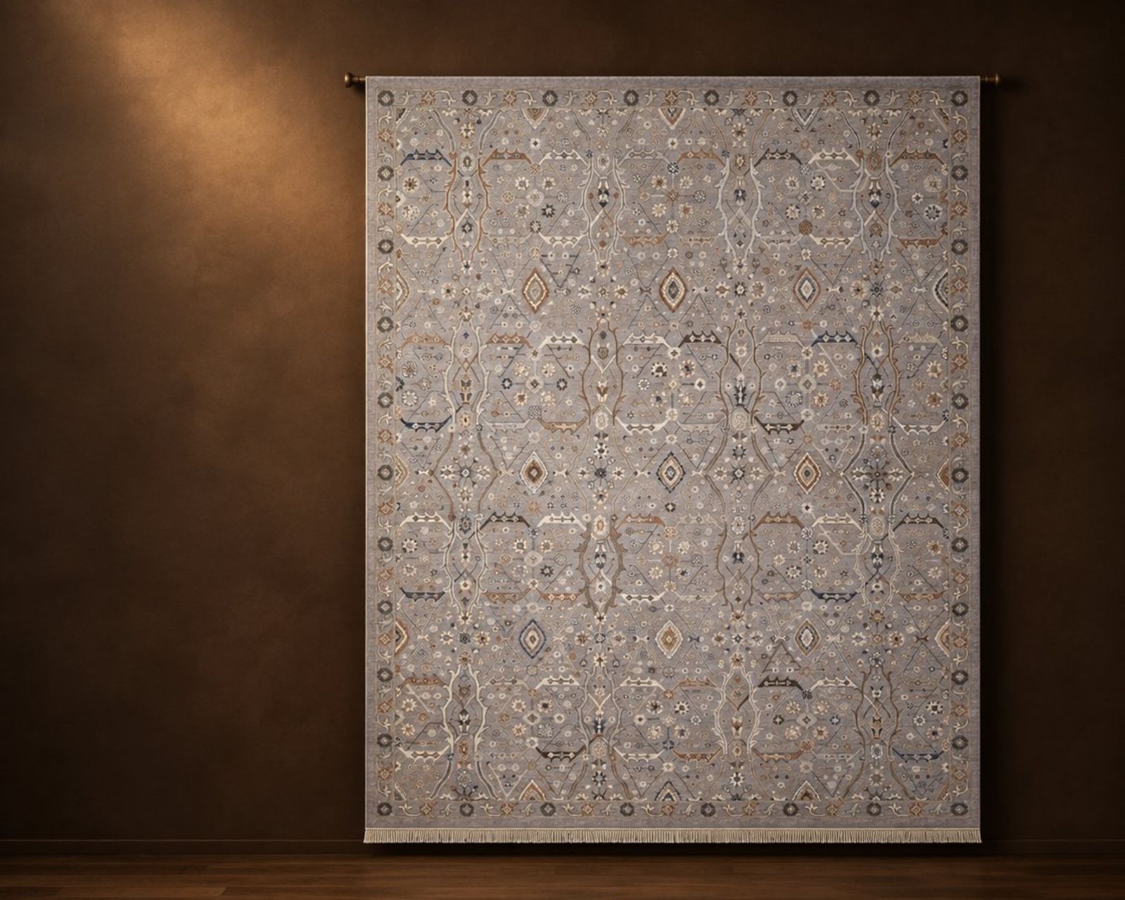 Illustration of Caspian CAS729S Silver, a Senneh Knot rug, hung on a wall