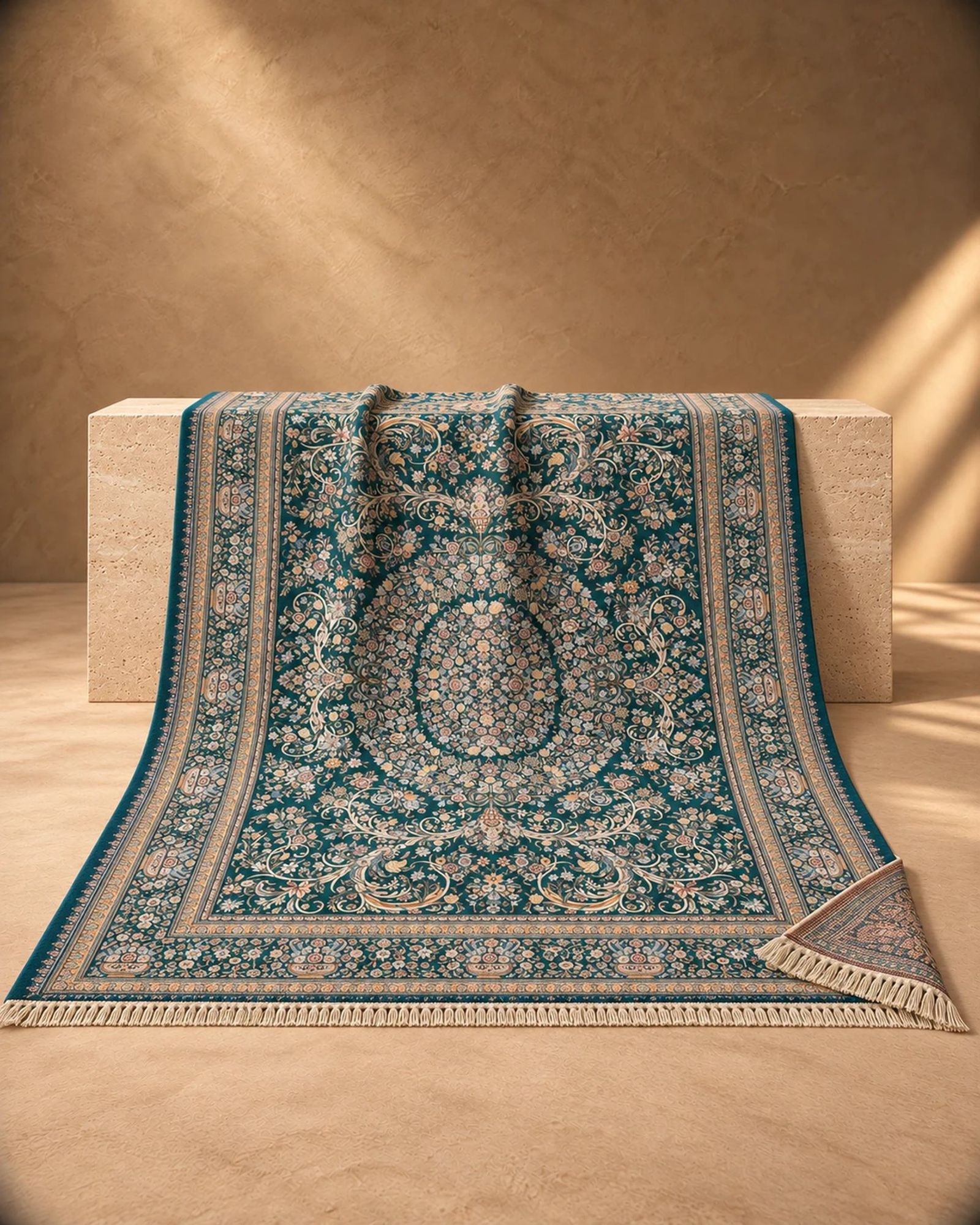 Aubusson D.Green, 9′2″ × 12′1″, a hand knotted rug, in a studio photograph (illustration)
